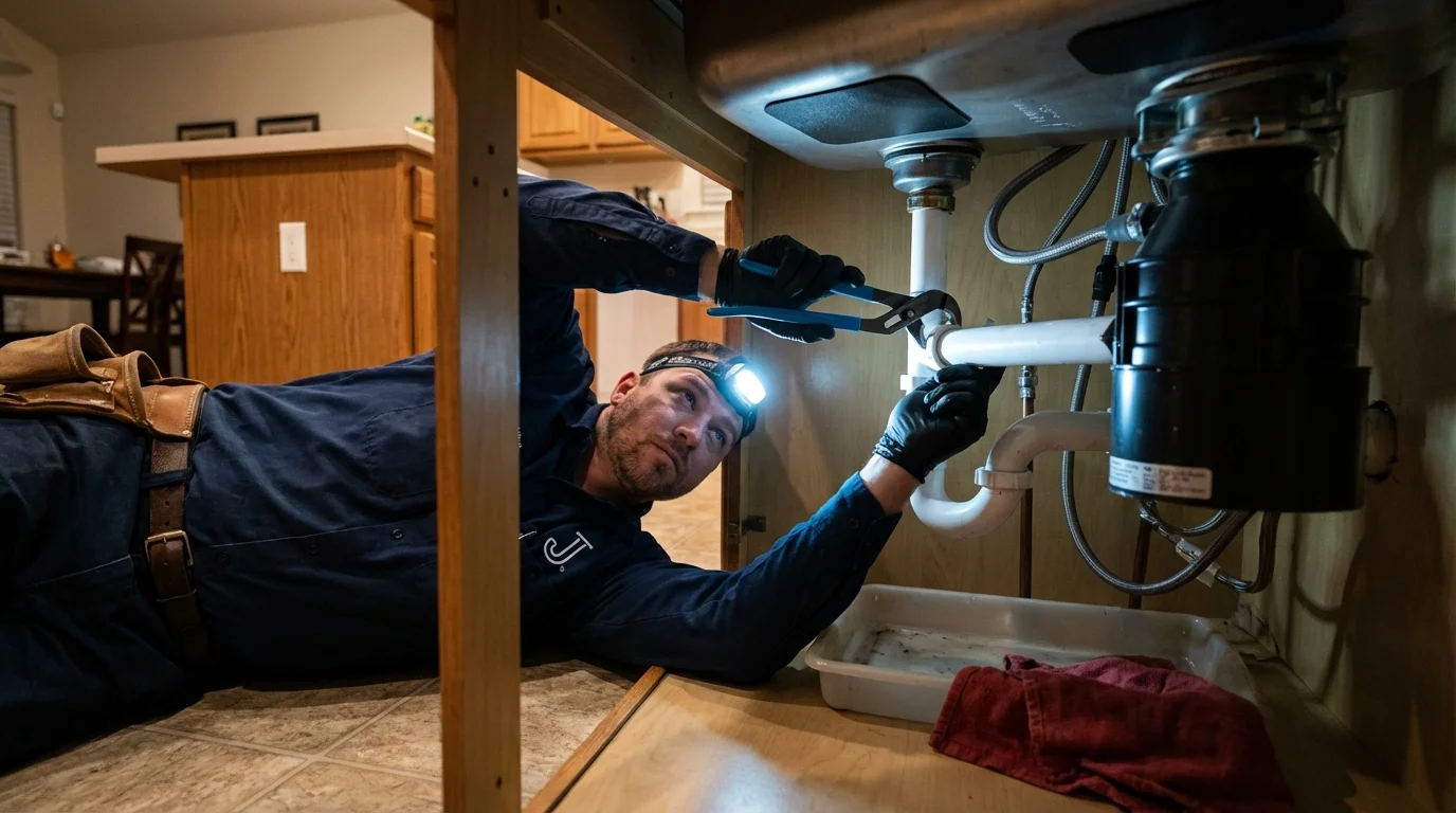 P-trap and supply line connections under a kitchen sink showing a common leak point in Deer Park, CA